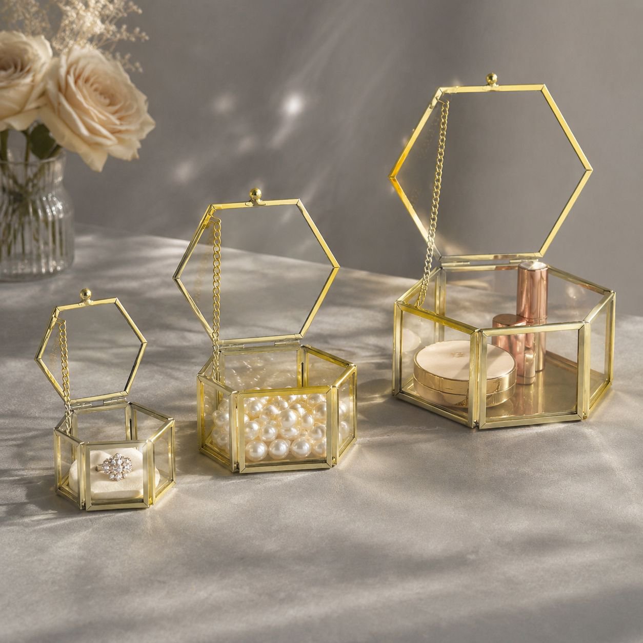 Hexagonal Gold Glass Jewelry Storage Box, Ring Display Box, Ornament