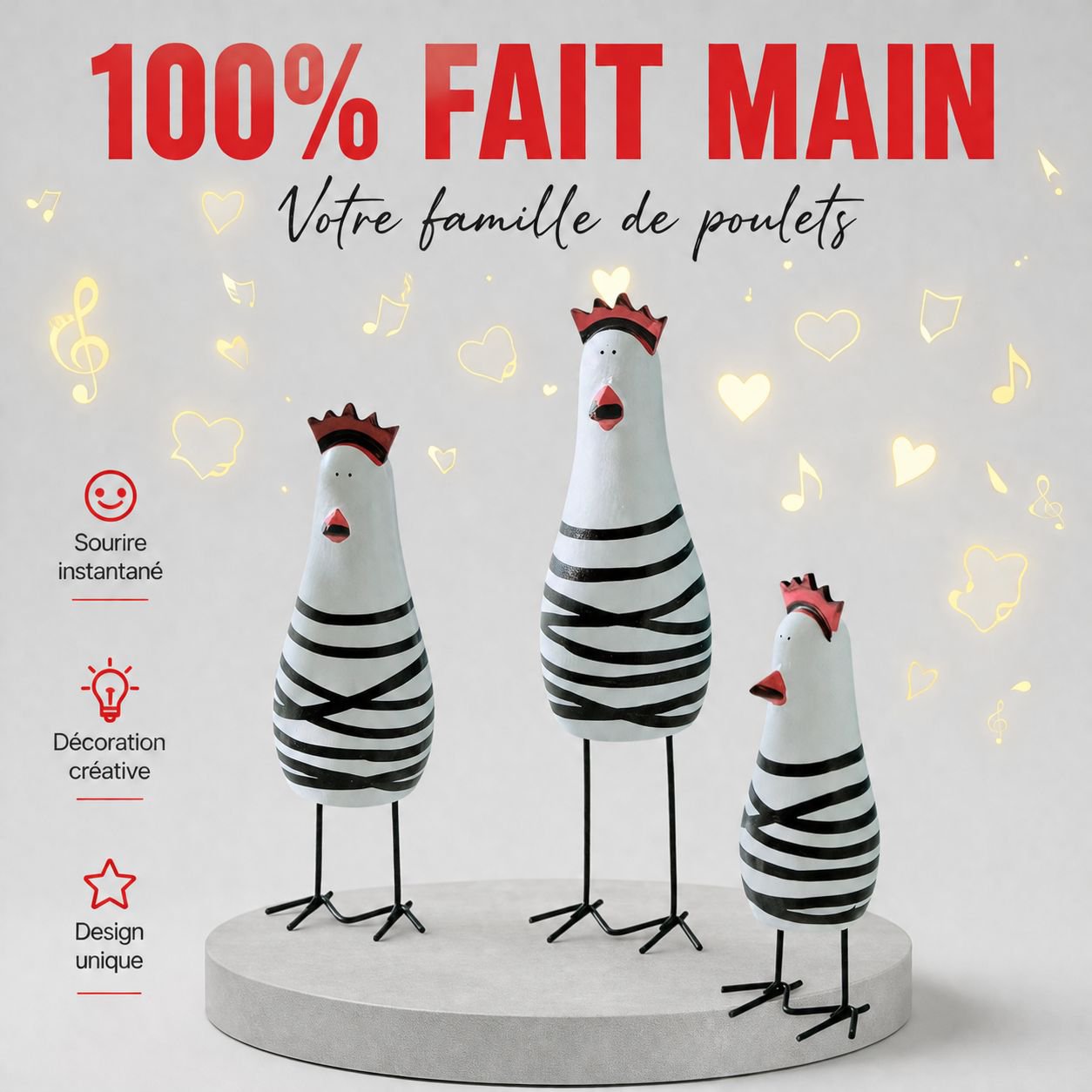 Set de famille coq et poussin sculpté de style européen, 3 pièces en bois, cadeau artisanal