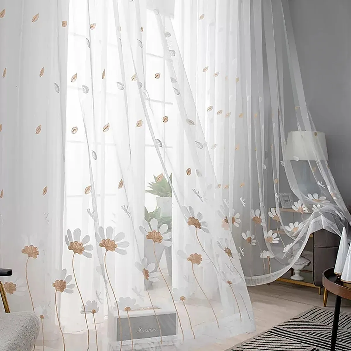 Minimalist Daisy Sheer Curtains for Living Room and Bedroom