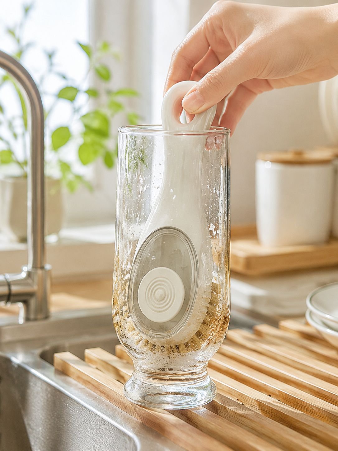 Hand using gap brush with soap dispenser