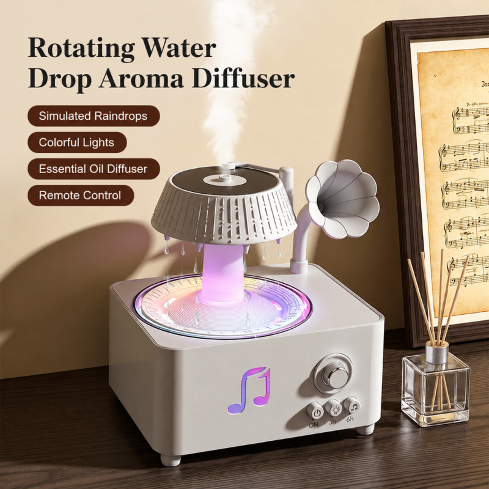 Retro phonograph raindrop aroma diffuser remote control seven-color ambient light home essential oil