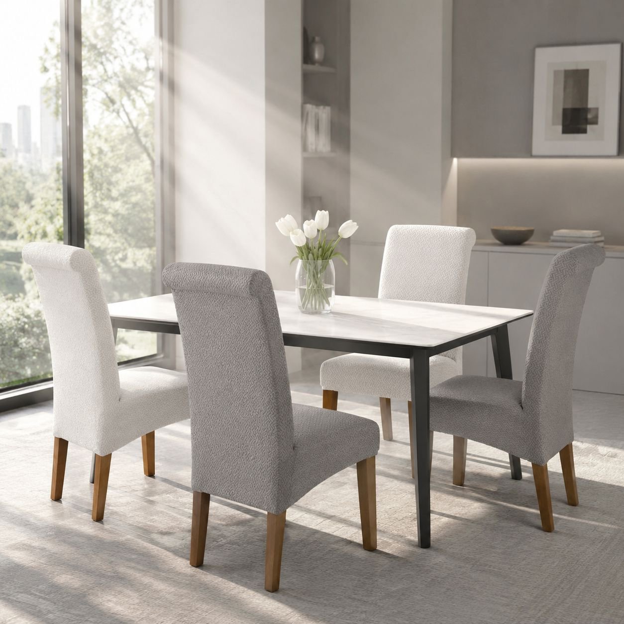 Modern dining room with stretch fabric chair covers