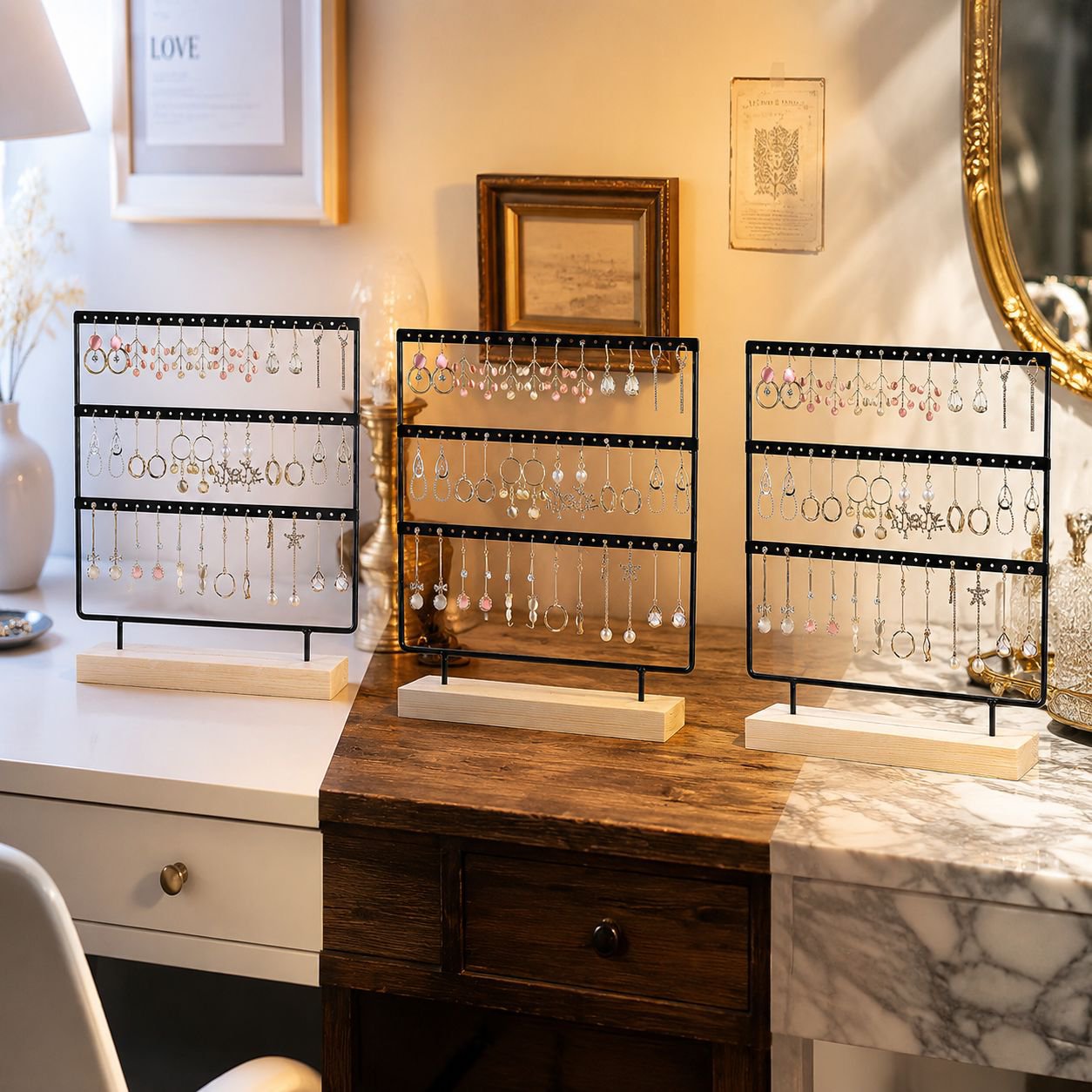 Jewelry display rack, solid wood and wrought iron earring holder, home earring storage, jewelry rack