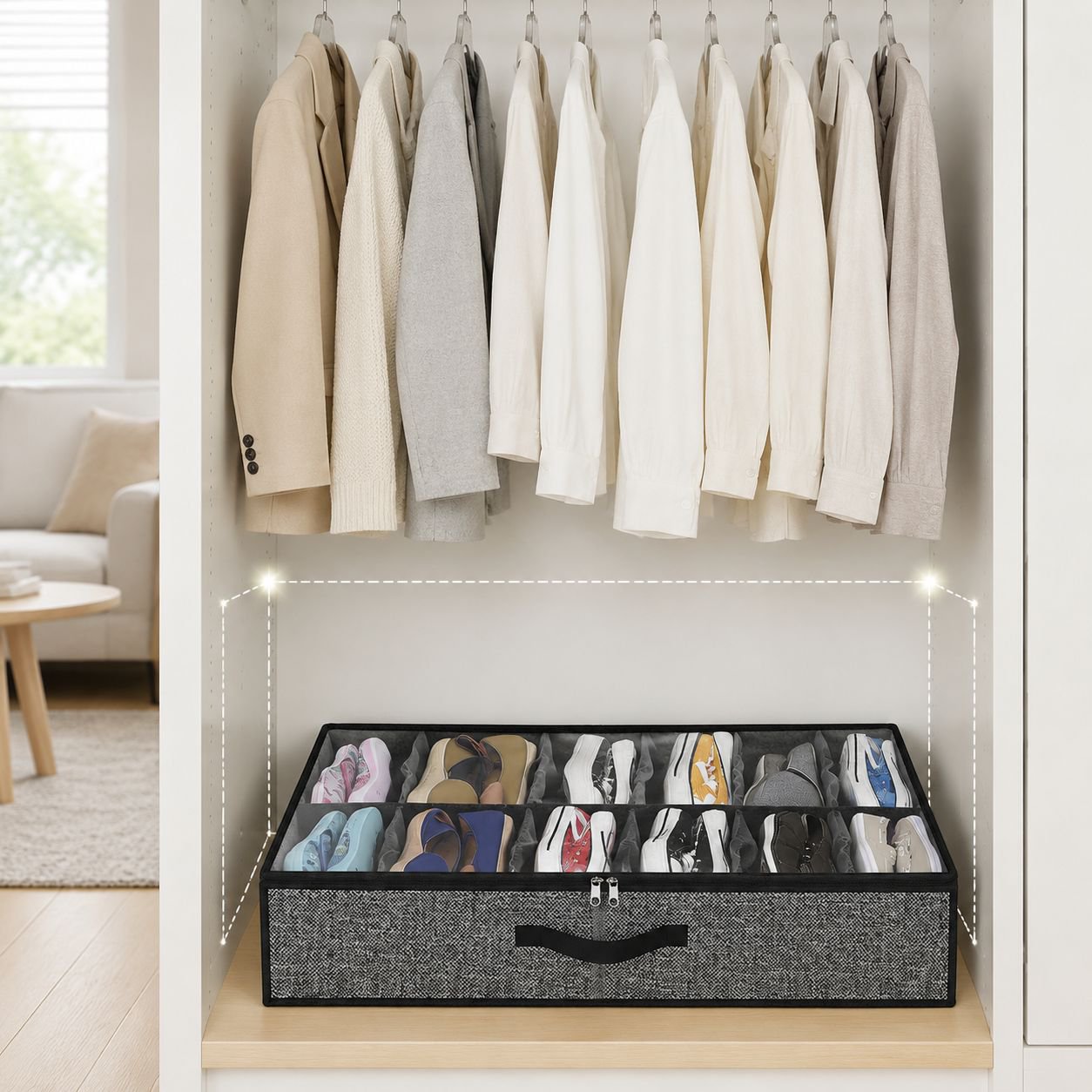 Bolsa de almacenamiento para zapatos debajo de la cama, vista general