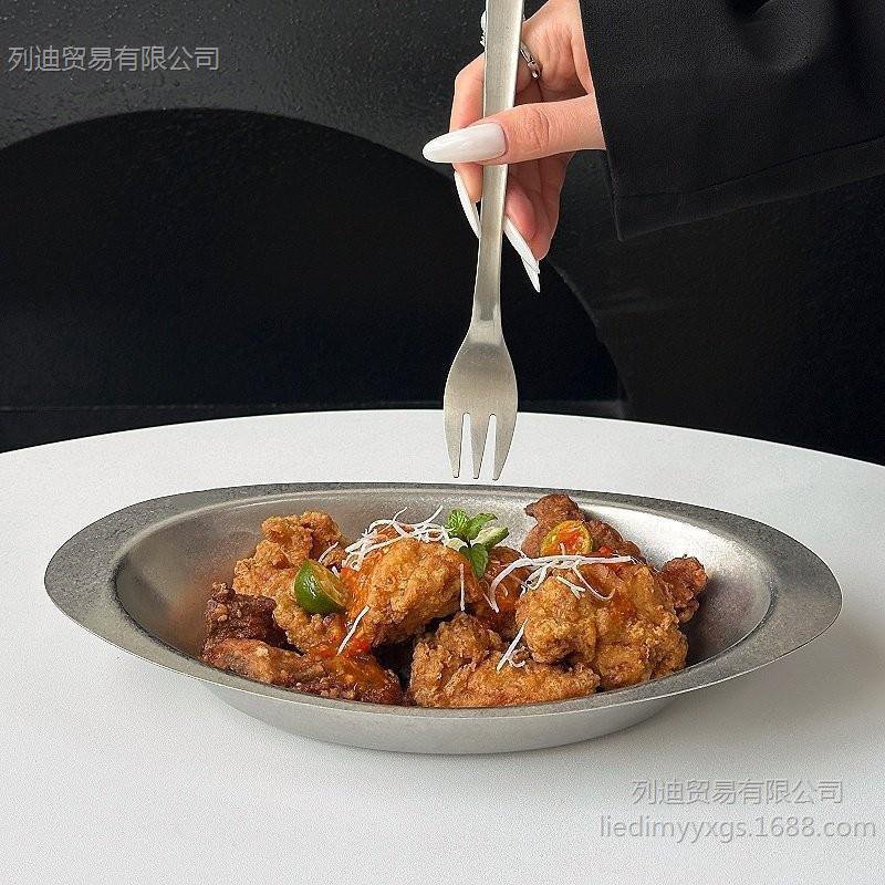 复古不锈钢盘子椭圆深盘家用吃饭盘菜盘创意汤盘炸鸡盘水果沙拉盘