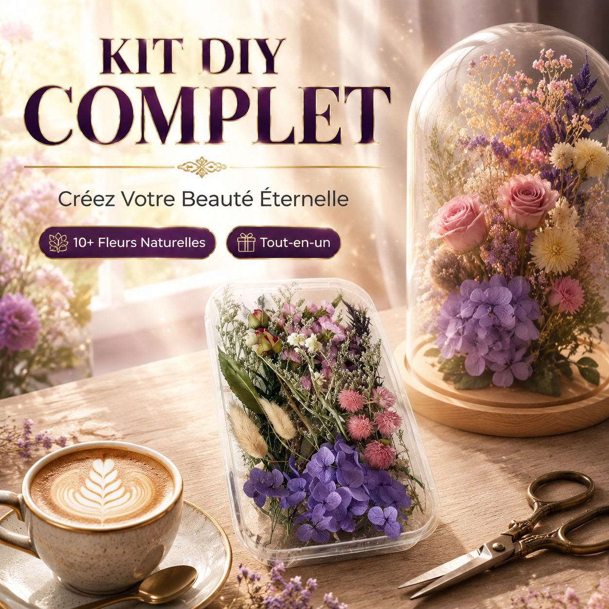 Kit DIY de fleurs préservées sous cloche en verre - Décoration maison