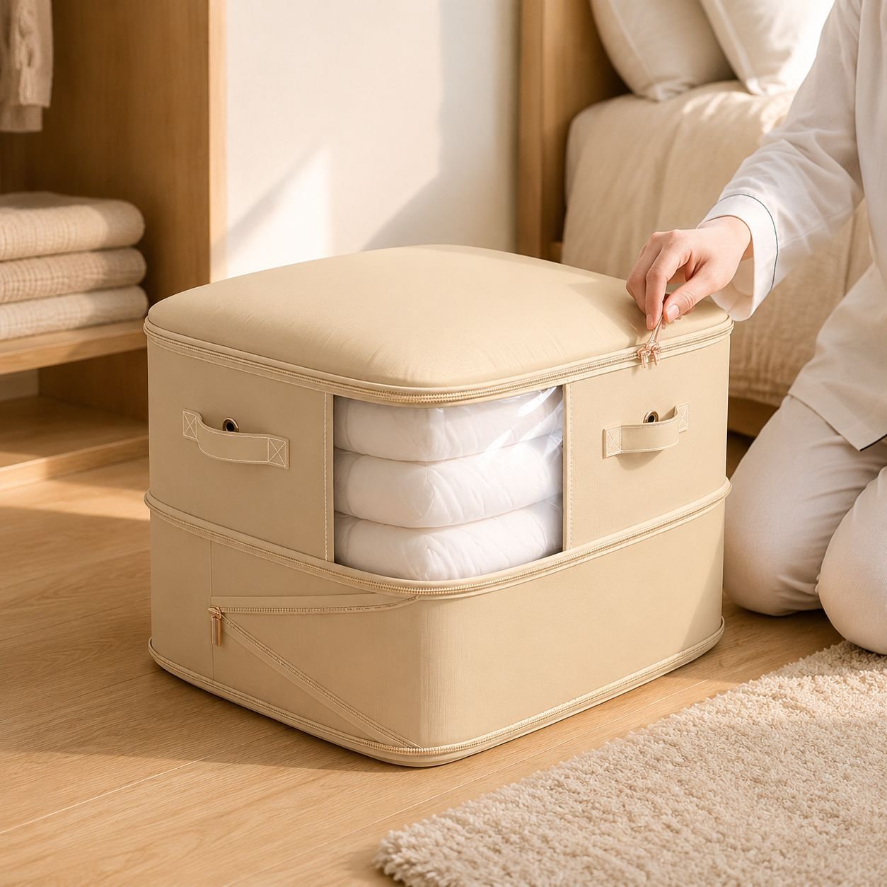 Quilt-Aufbewahrungstasche, Kompressionstasche für Kleidung, geeignet für den Kleiderschrank