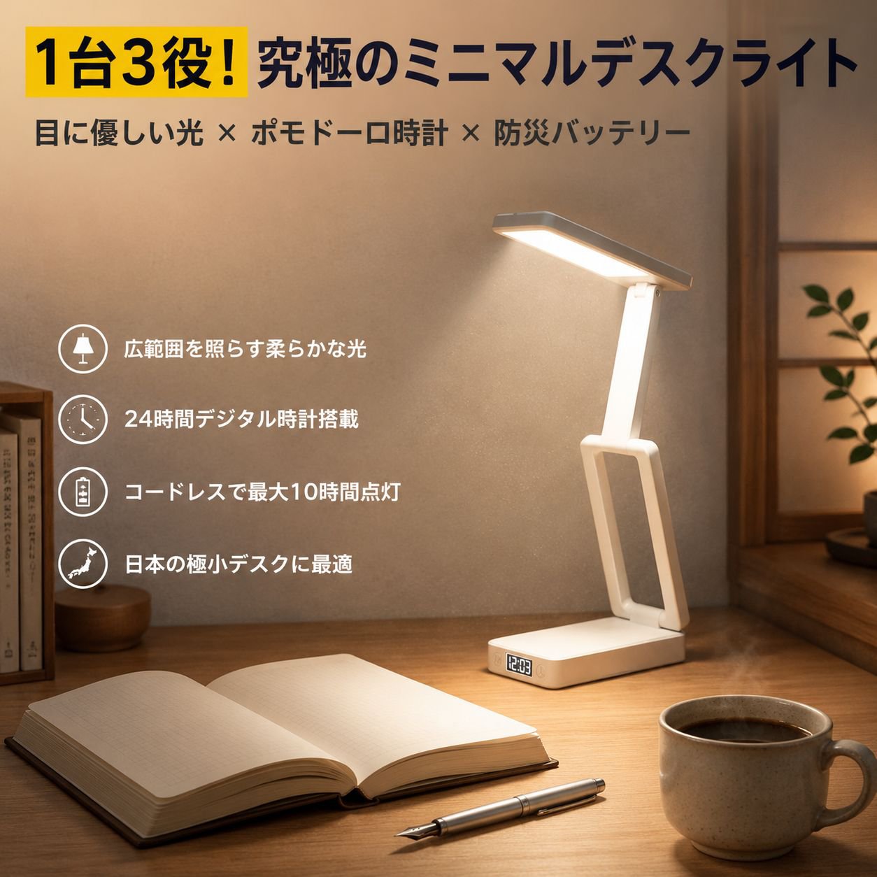 学生用折りたたみLEDデスクライト、寝室ベッドサイド読書学習用ライト
