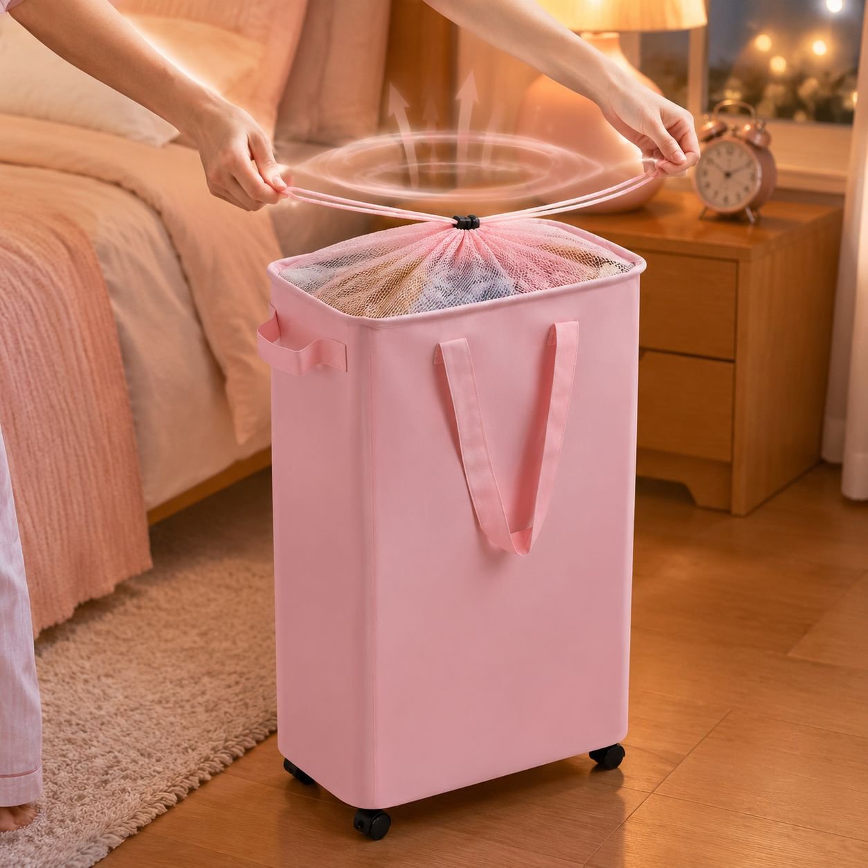Foldable wheeled storage basket, waterproof and dustproof, drawstring closure, large capacity portab