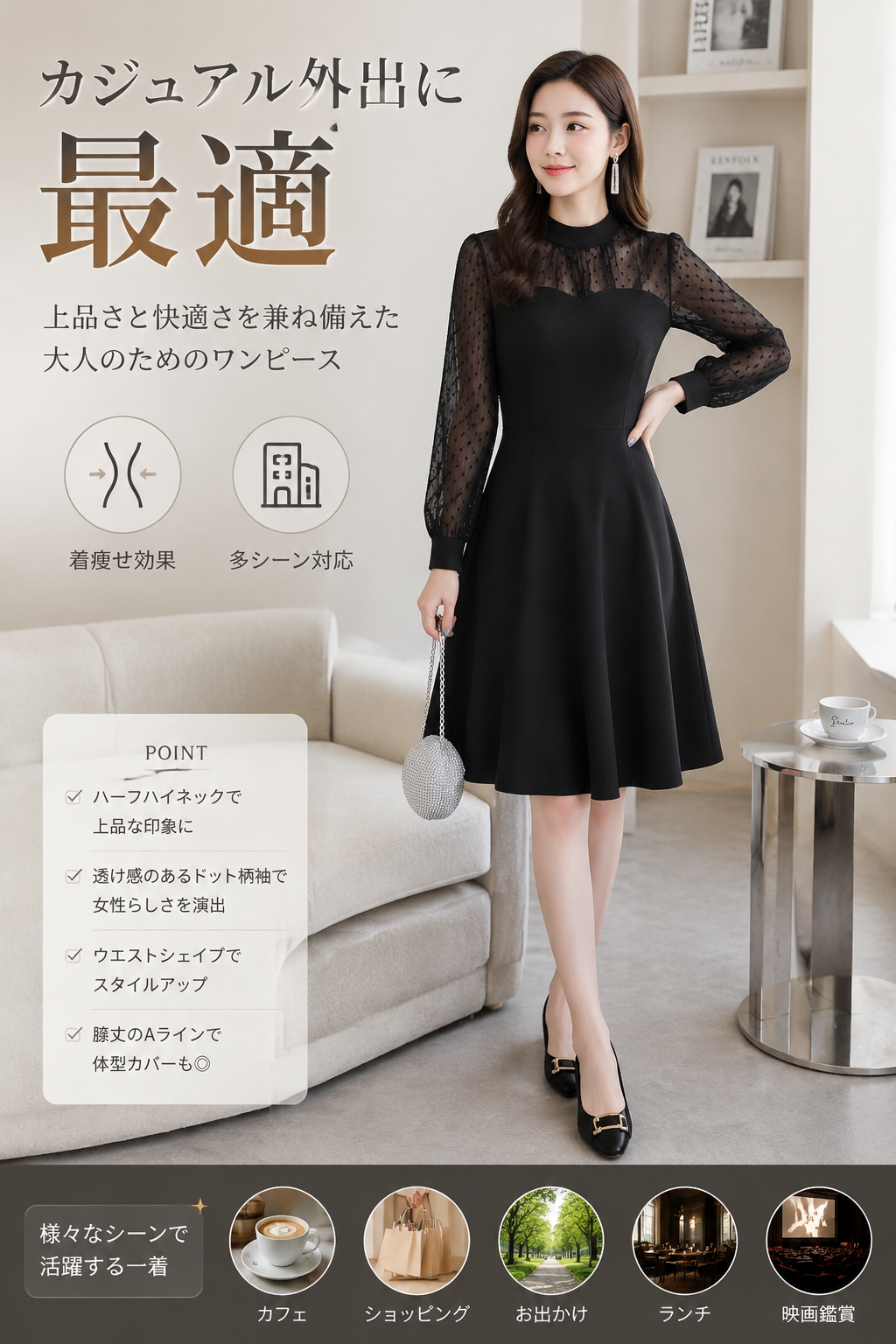 プラスサイズ女性（体重90kgまで）向けの、春秋新作のレースウエストシェイプドレス。スリムに見せ、スタイルアップ効果のある長袖ドレスです。
