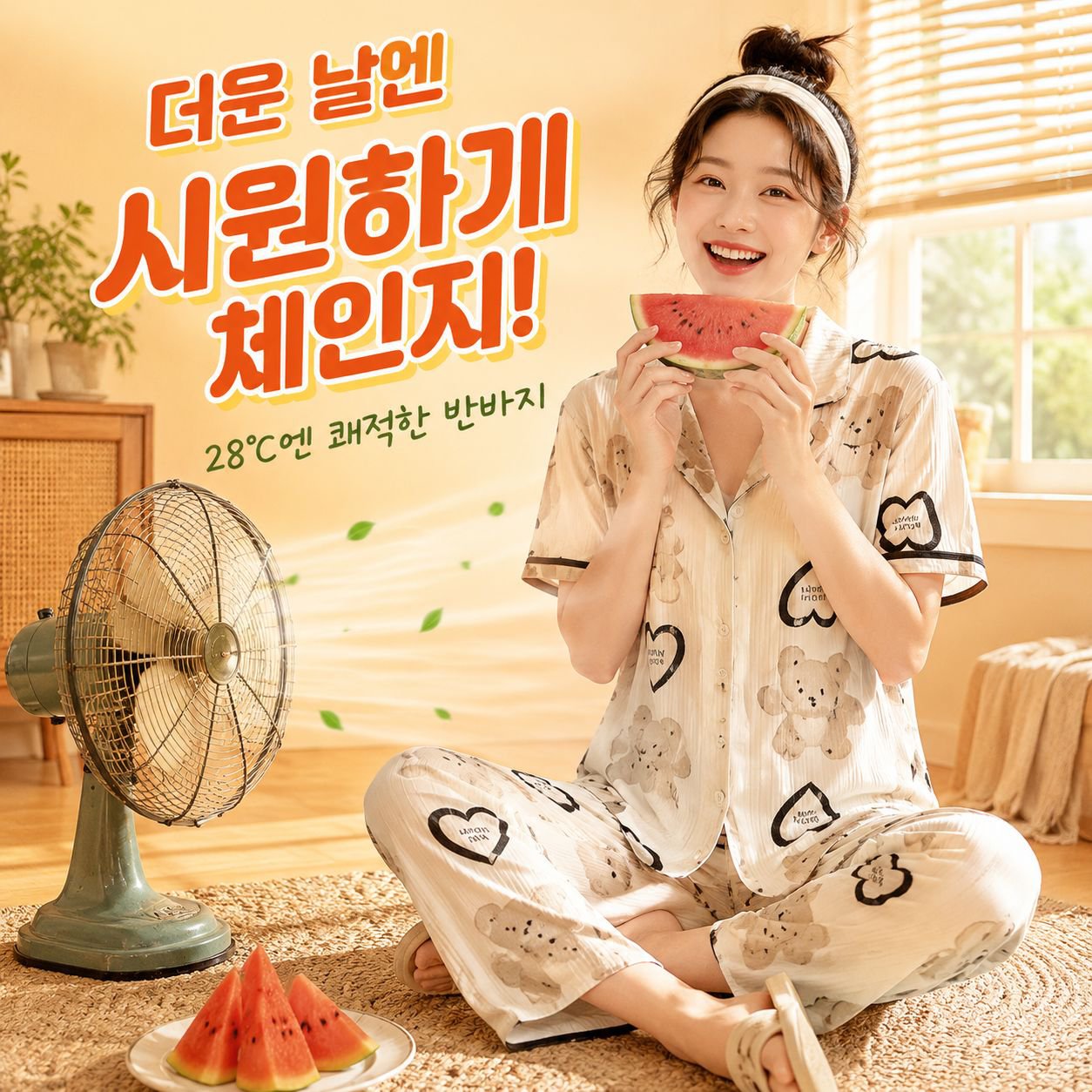 여름 귀여운 스타일 여성 홈웨어 3피스 세트