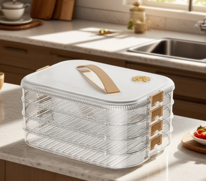 냉장고에 정리된 다층 신선함 용기 이미지