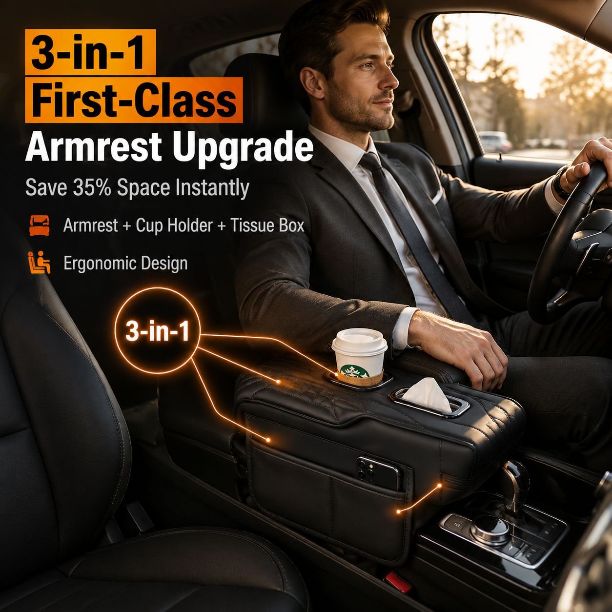 Car Armrest Cushion with Tissue Dispenser and Cup Holder Interior Upgrade Accessory