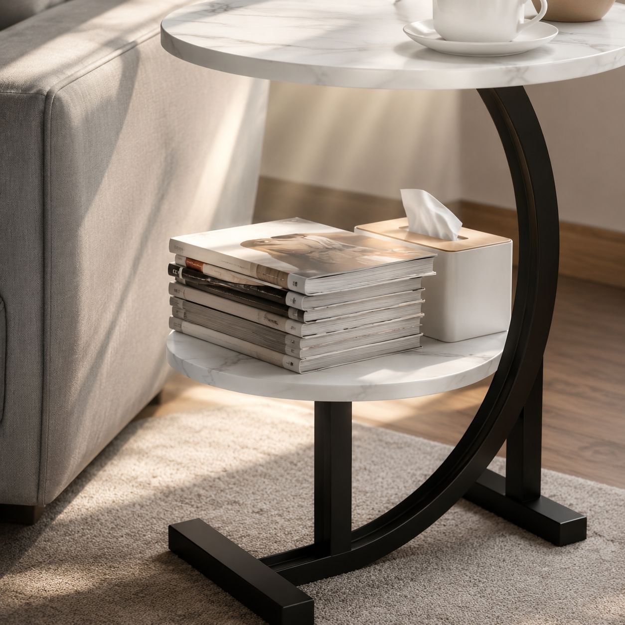 Modern side table next to sofa