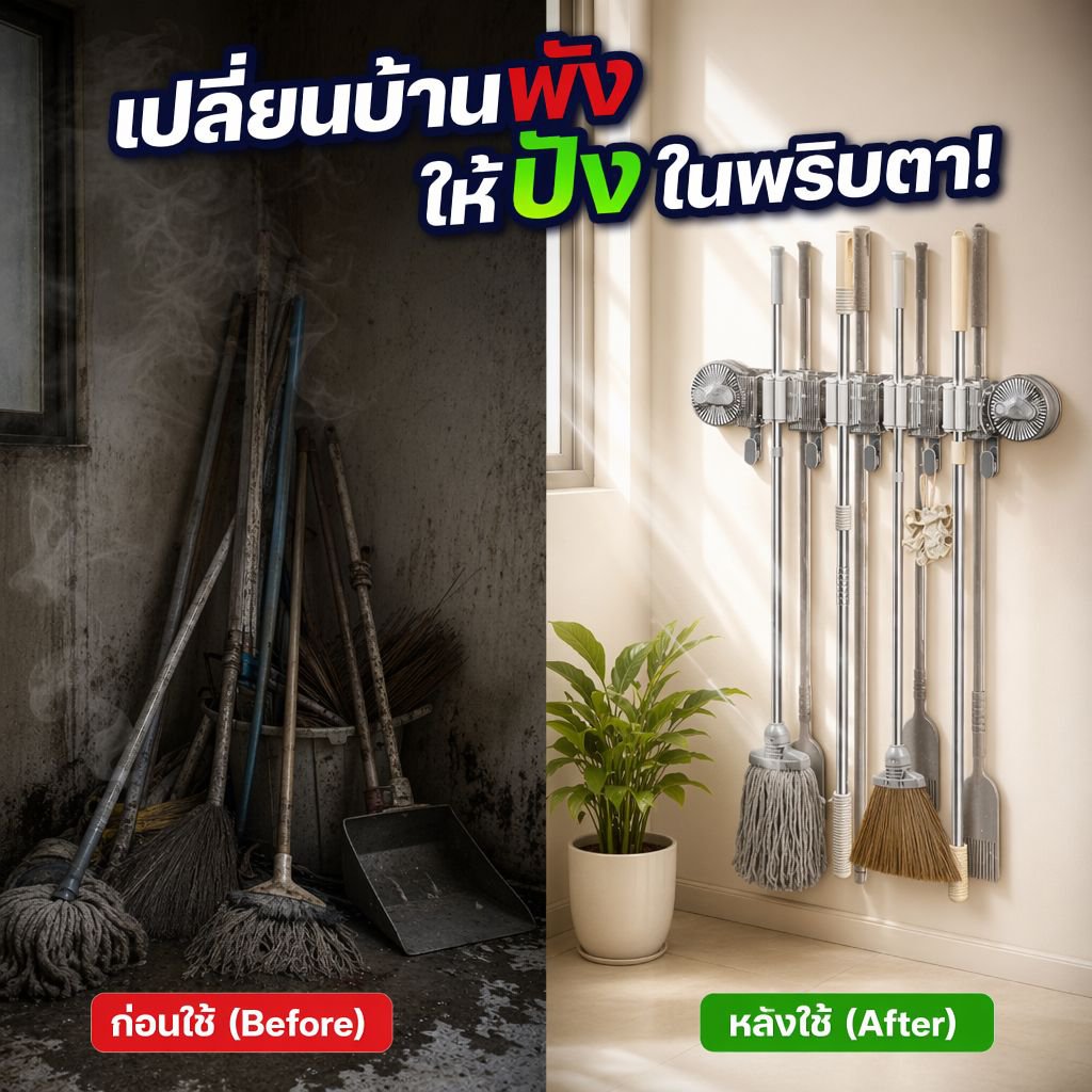 ที่หนีบไม้ถูพื้นแบบดูดติดผนัง ไม่ต้องเจาะ พร้อมตะขอและชั้นวางของในห้องน้ำ