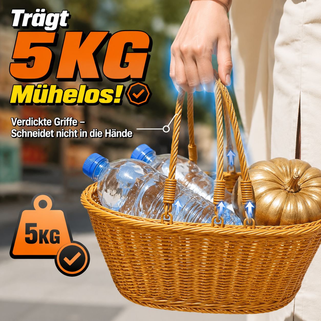 Ovaler handgeflochtener Aufbewahrungskorb, tragbarer Gemüsekorb