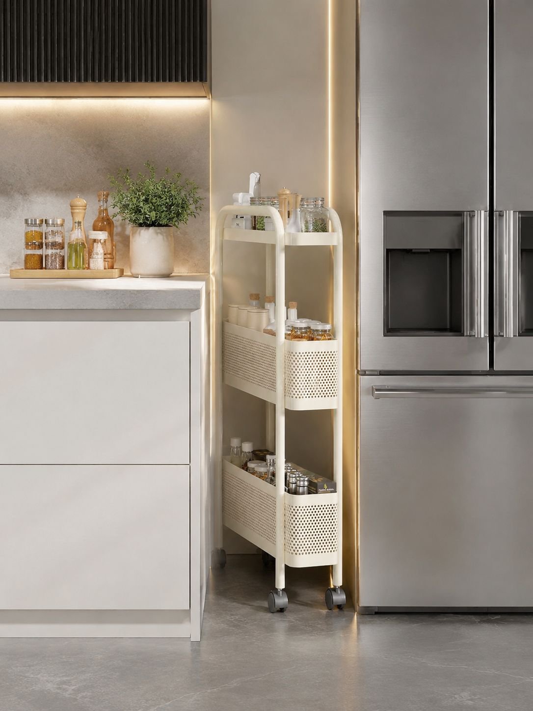 Estante de almacenamiento para huecos estrechos en cocina