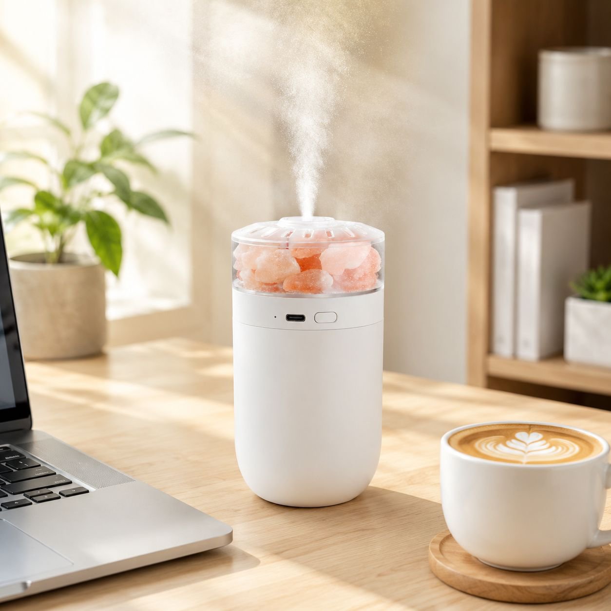 Wireless Charging Car Salt Lamp Humidifier with Colorful Ambient Light