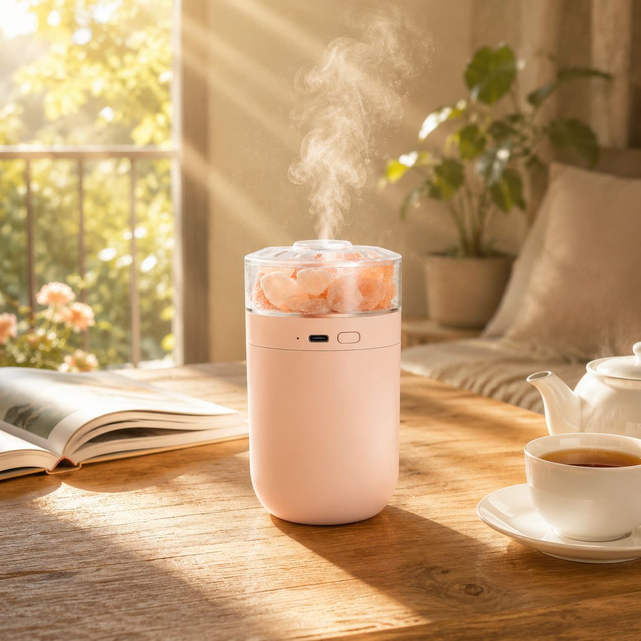 Car humidifier emitting mist and displaying multicolor LED ambient light