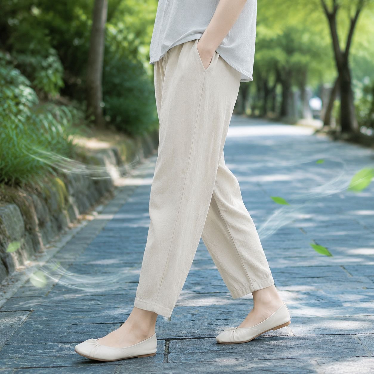 春夏用薄手コットンリネン9分丈パンツ