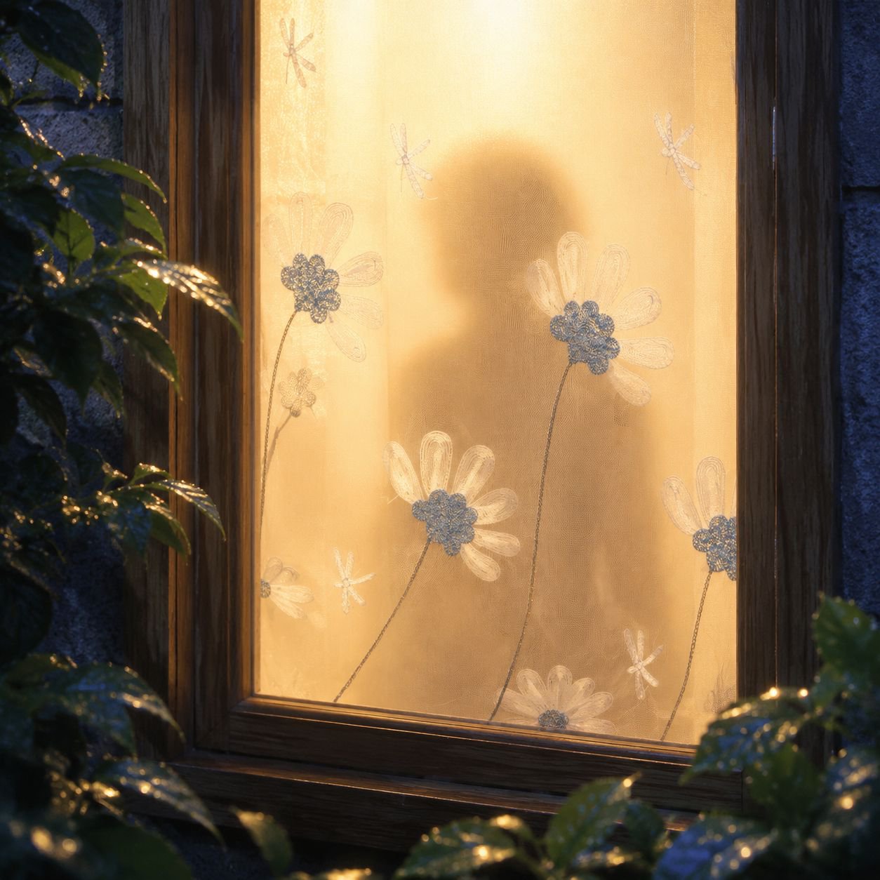 Sunlight filtering through floral transparent window screen