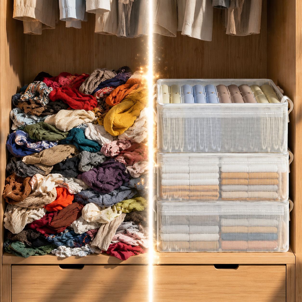 Transparent layered clothing storage box with clothes inside