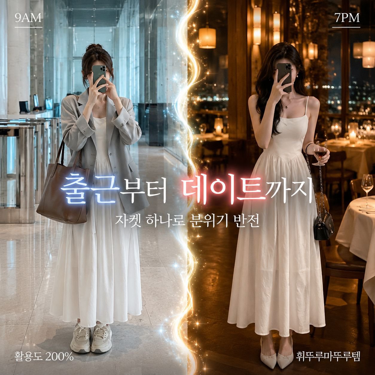 신상 프렌치 화이트 슬리브리스 허리 슬림 원피스