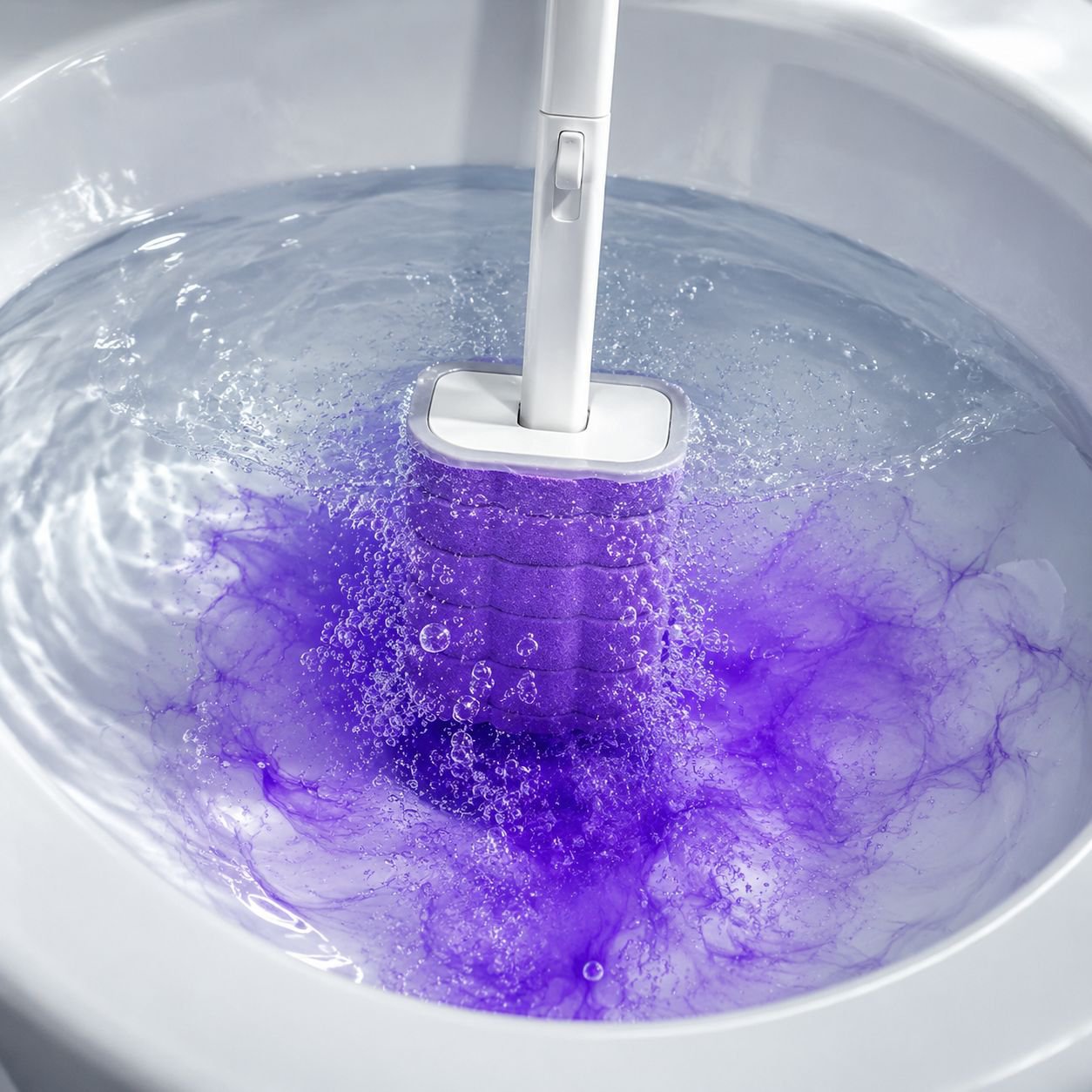 Hands-free automatic flip lid toilet brush in bathroom