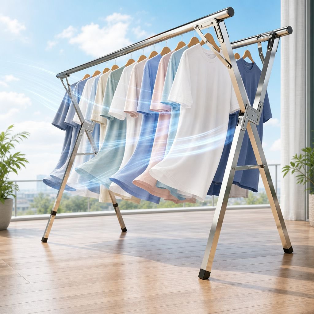 Floor-standing, folding, thickened clothes rack for home use on balconies and outdoors, telescopic c