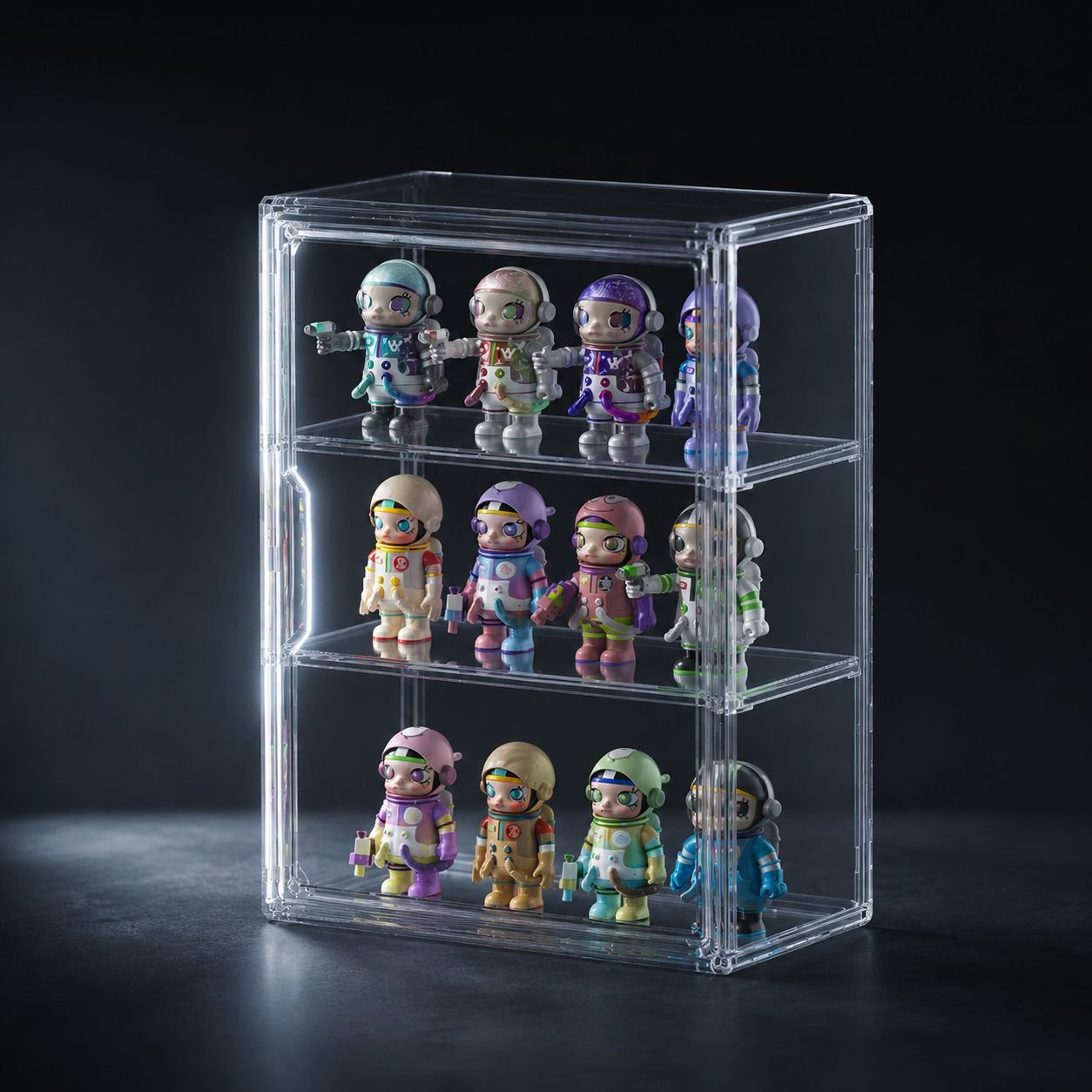 Durable acrylic figure display with two middle shelves