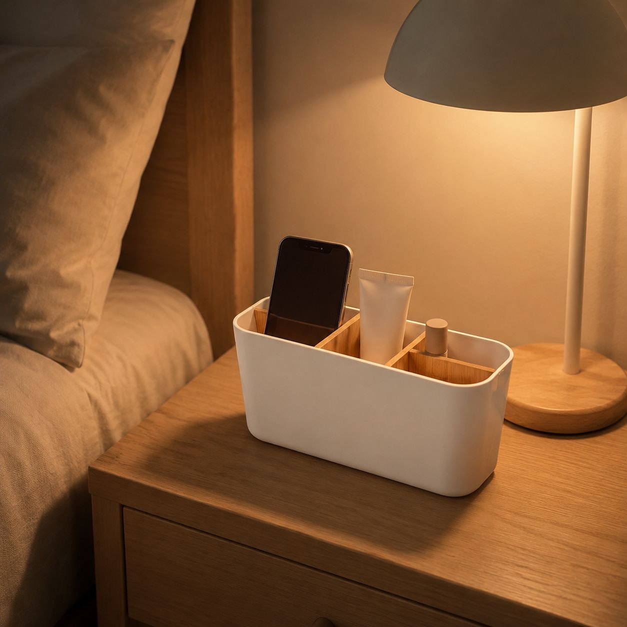 Modern bamboo desk organizer on workspace