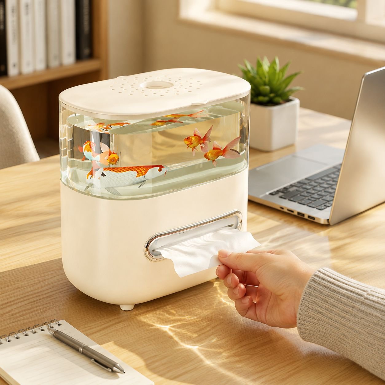 Caja de pañuelos de escritorio transparente tipo pecera, multifuncional y de gran capacidad