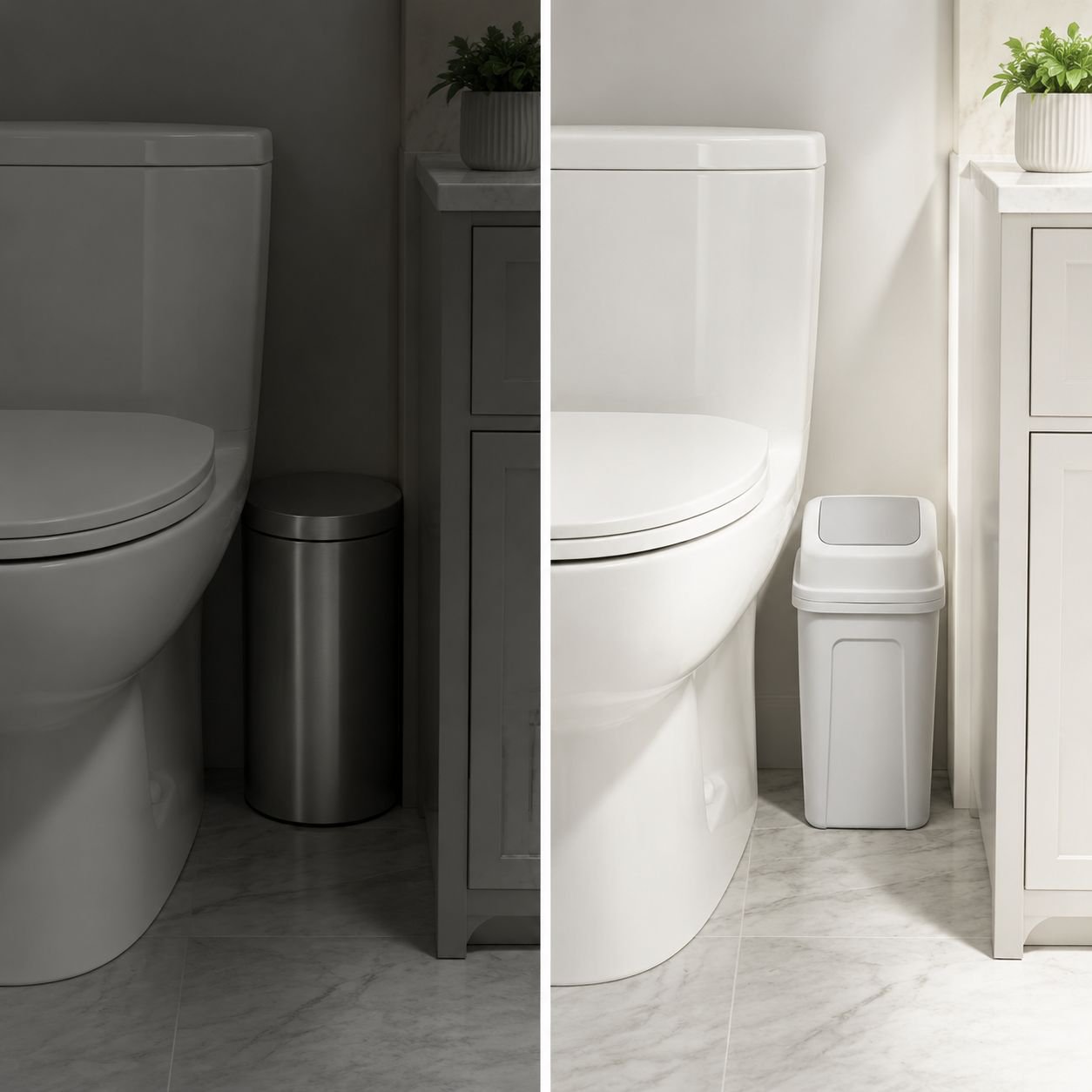 Household trash can with handle and swing lid placed in modern kitchen