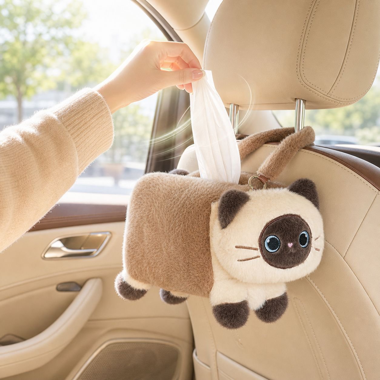 高級車用ティッシュボックス、かわいい吊り下げ式車内装飾、ティッシュバッグ収納、吊り下げ式ティッシュボックス
