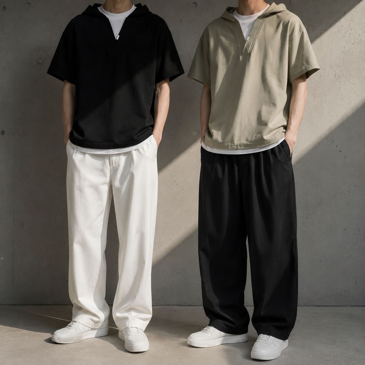 メンズゆったりストリートレイヤード風フード付き半袖Tシャツ 280gコットン 春夏新作