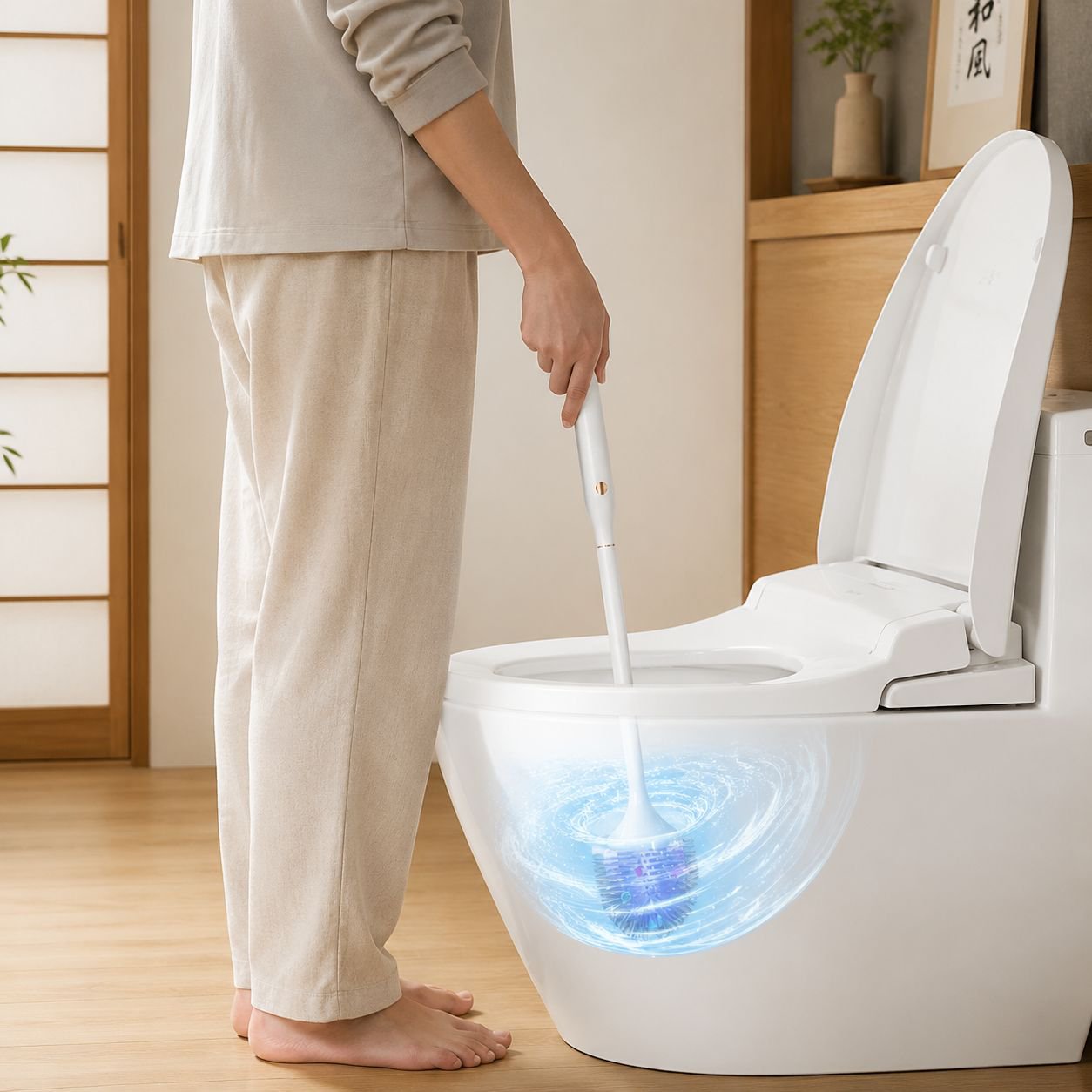 多用途クリーニングブラシで浴槽を掃除している様子