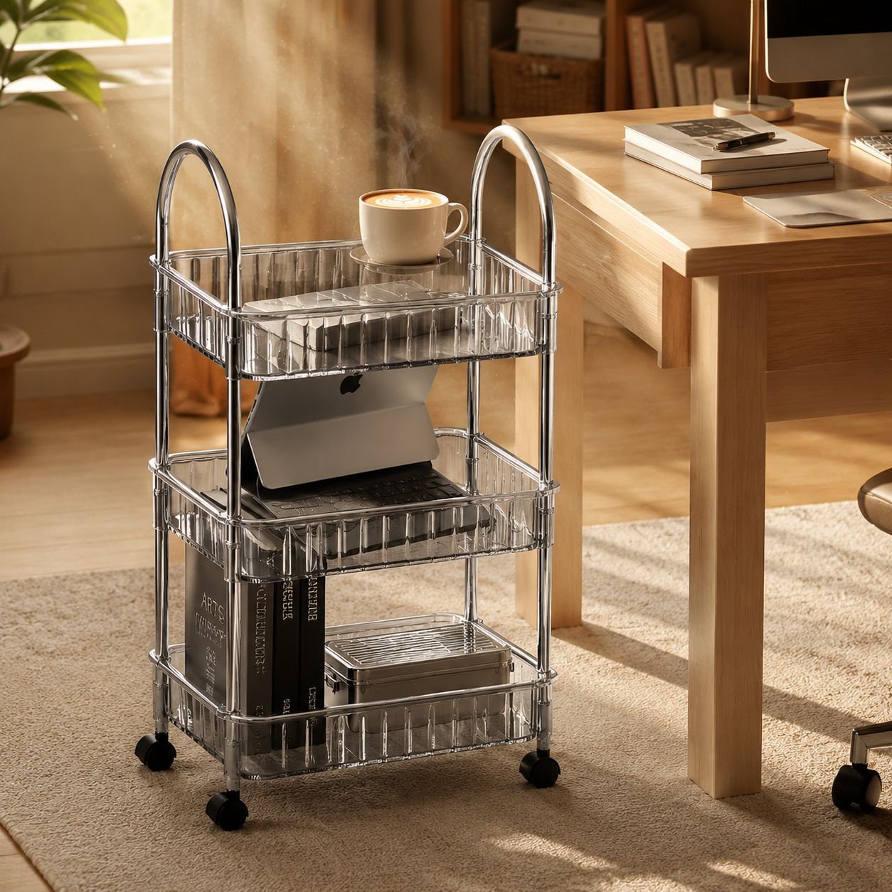 Modern kitchen organizer shelf with baskets