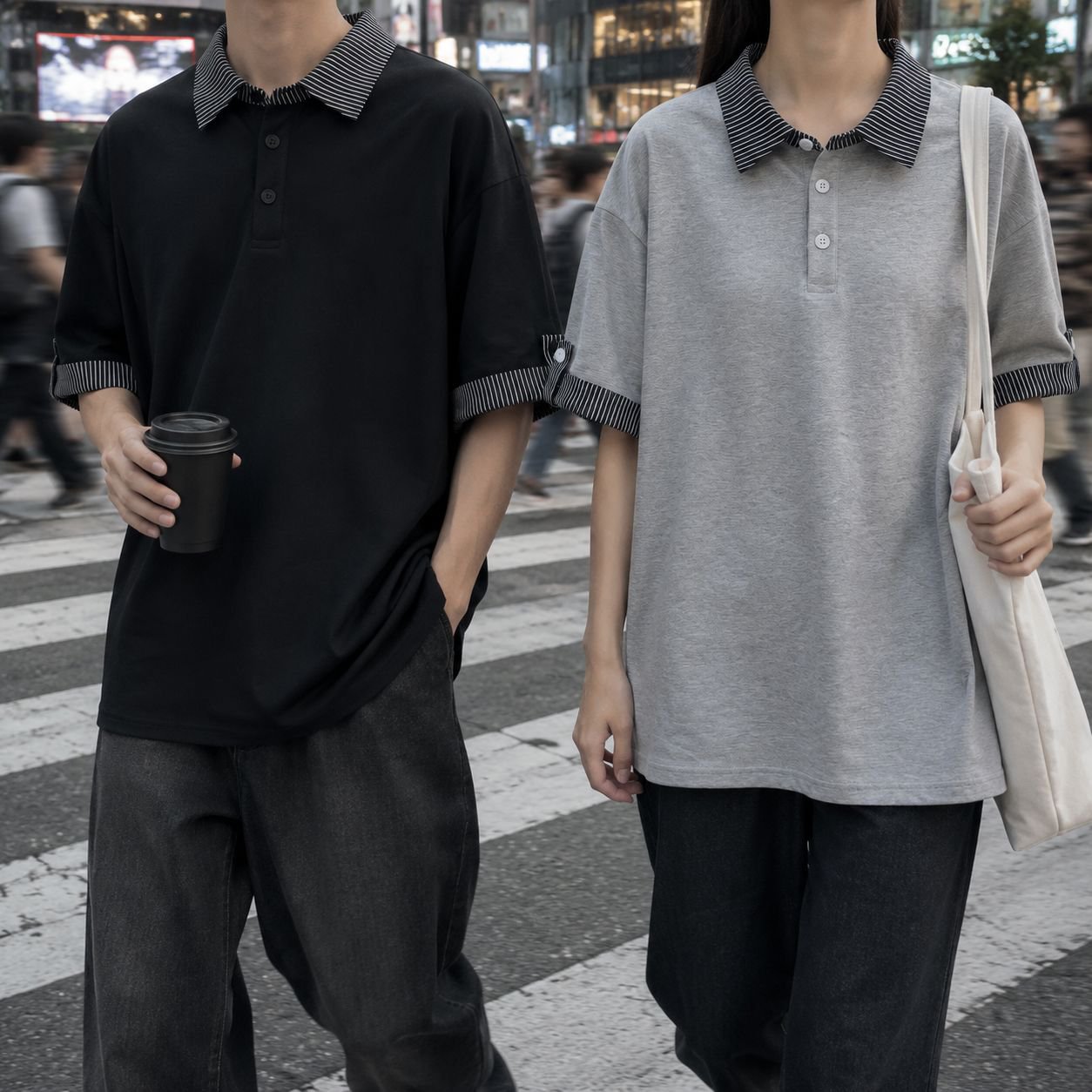 オーバーサイズストライプポロシャツ 男女兼用レイヤード風 韓国風カジュアルTシャツ
