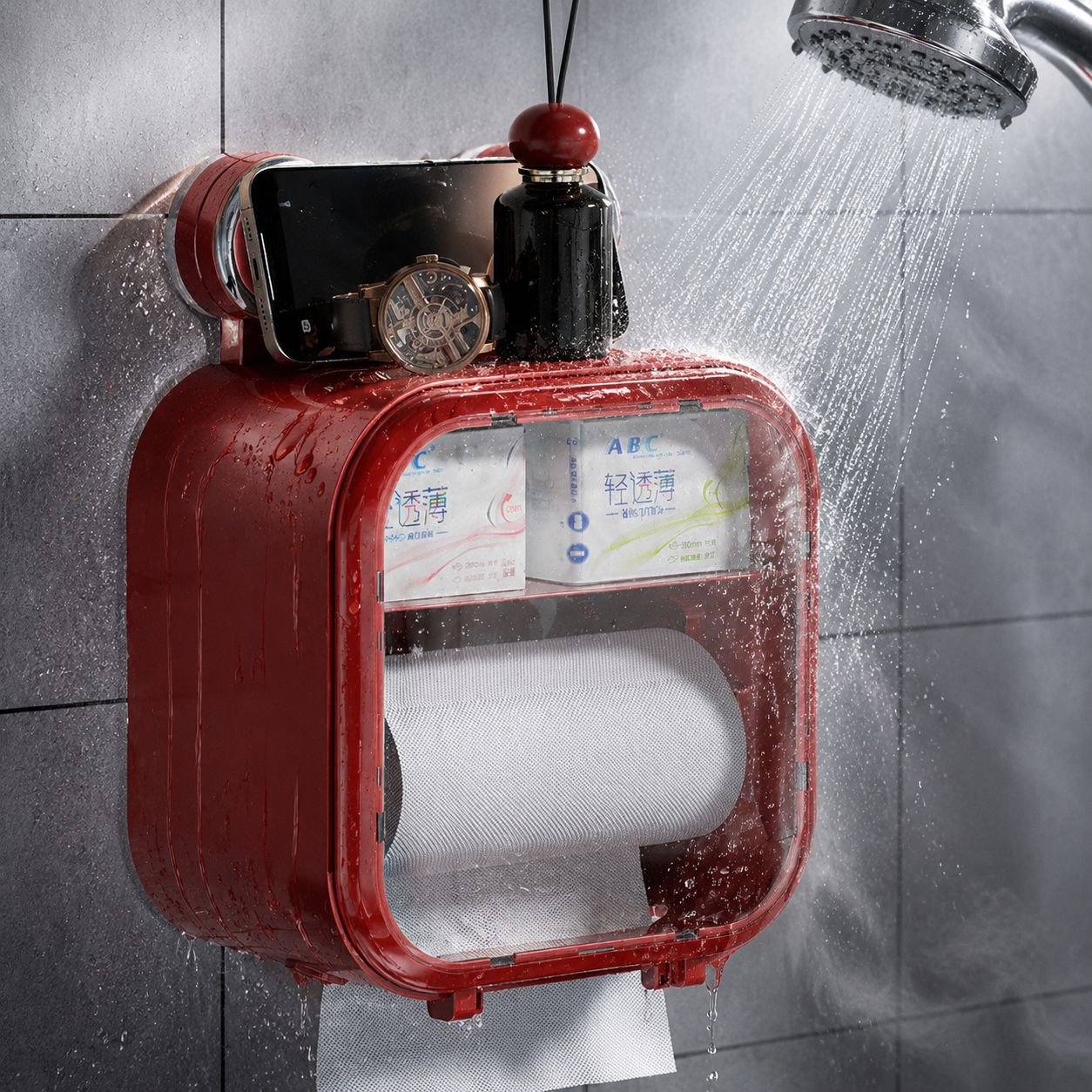 Bathroom tissue organizer with phone shelf