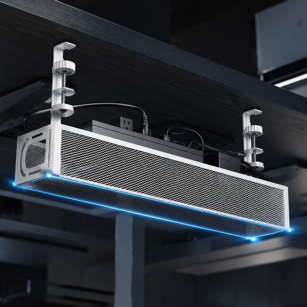 Office workspace with cable tray rack for cord management