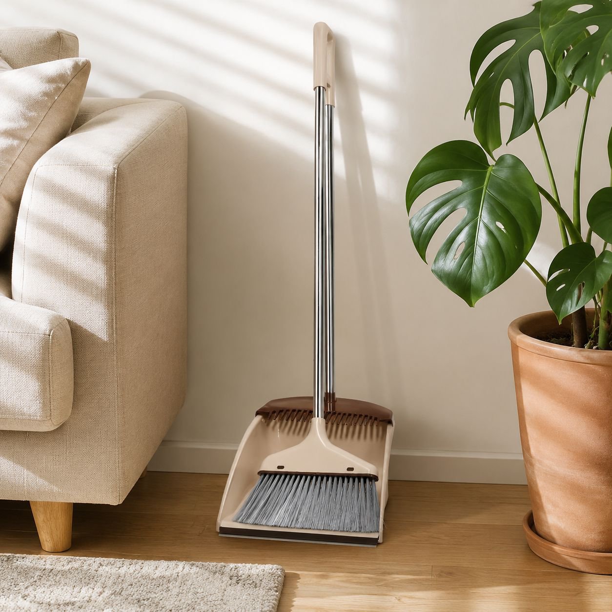 Broom and dustpan set cleaning hardwood floors