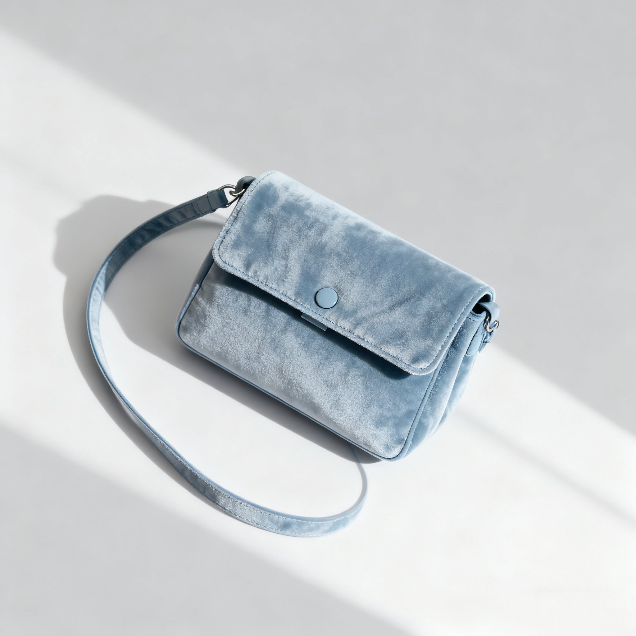 รายละเอียดผ้ากำมะหยี่สีน้ำเงินของกระเป๋าสะพายข้าง