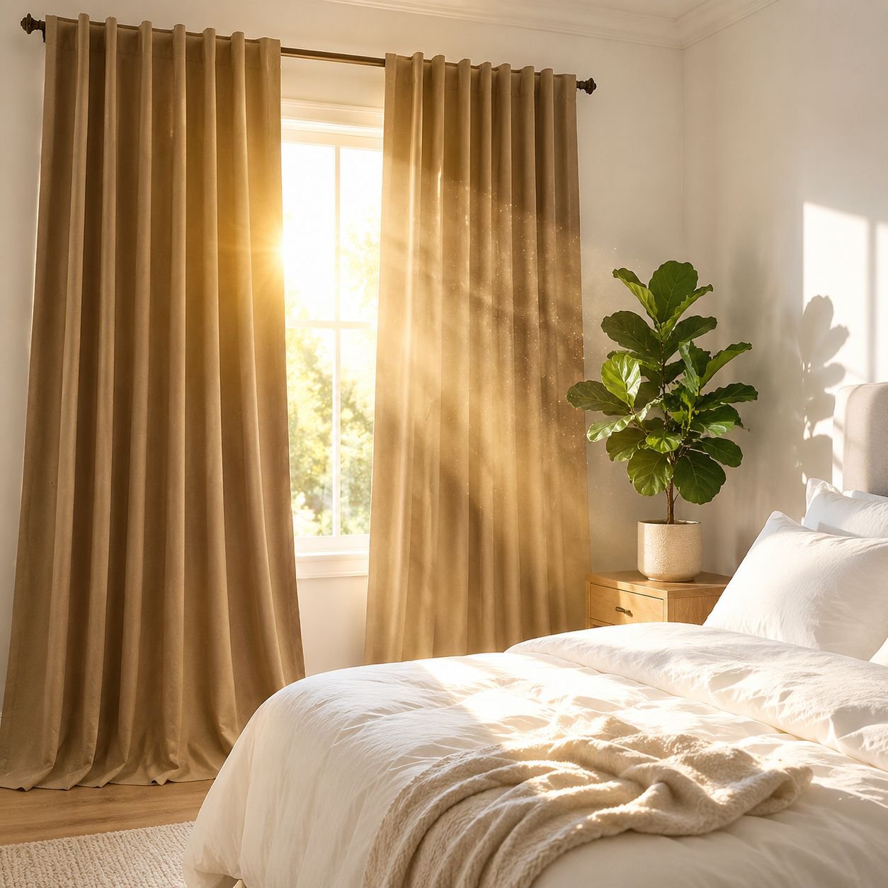Minimalist living room featuring solid color blackout curtain