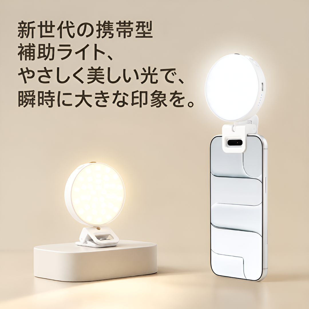 携帯電話用補助ライト リングライト セルフィーライト 1000mAh充電式モデル 無段階調光 3色温度モード 3インチコンパクト球形ライト クリップオンデザイン 強化モード搭載 写真撮影ラ