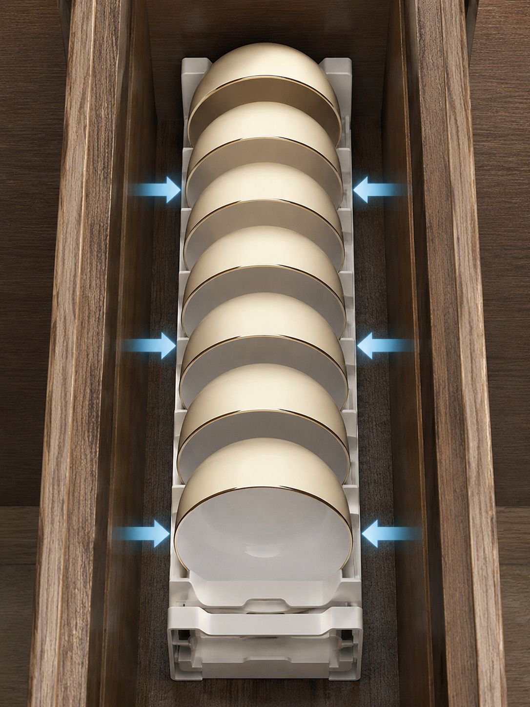 Cabinet dish storage rack holding plates and bowls