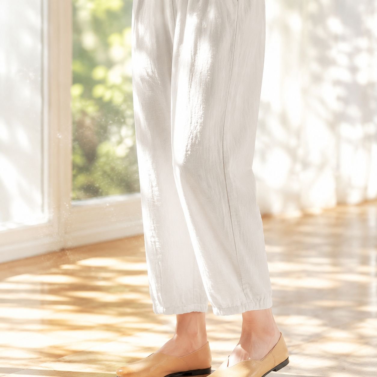 春夏用薄手コットンリネン9分丈パンツ