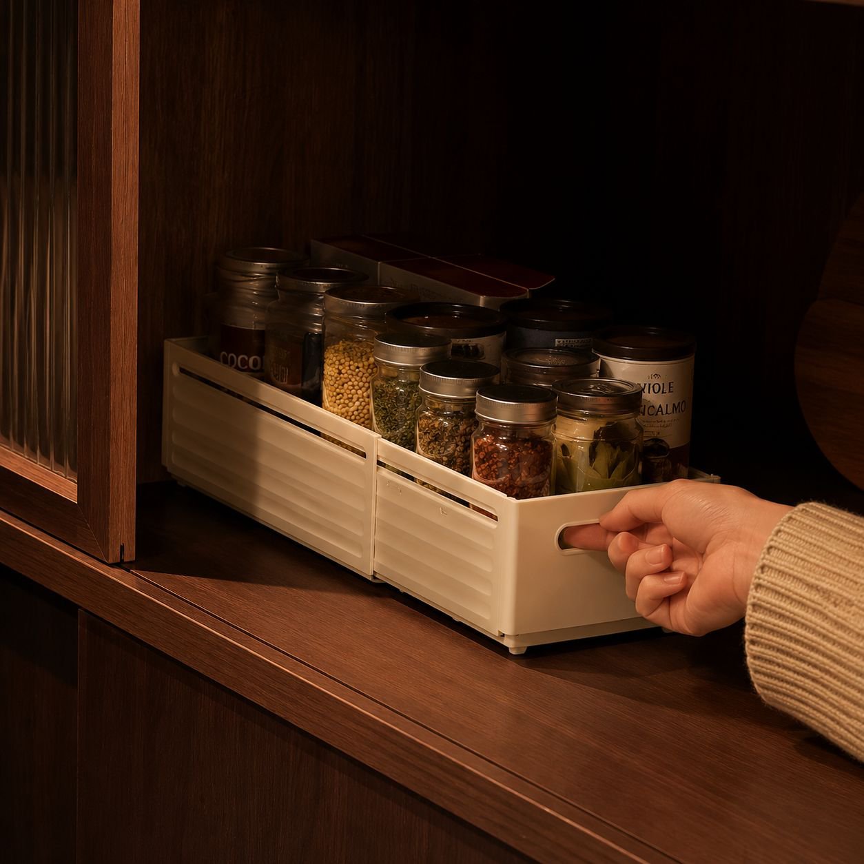 Cabinet storage box, drawer-style extendable desktop snack and sundry kitchen organizer, deep cabine