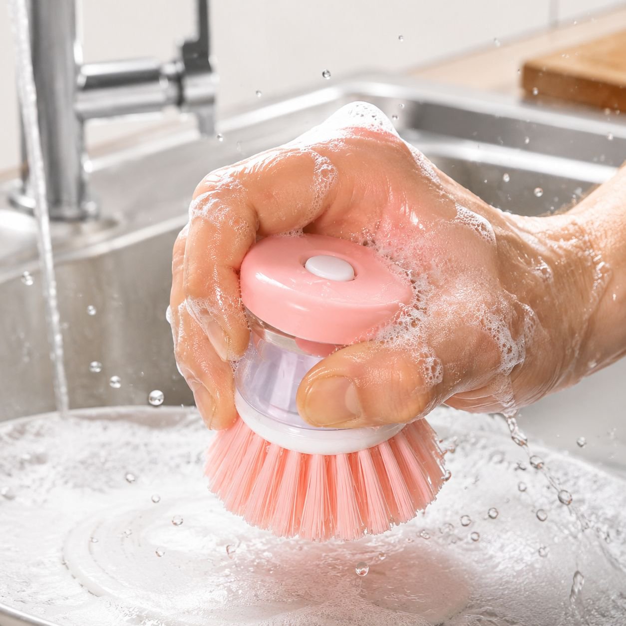 Close-up of ergonomic handle on kitchen cleaning brush