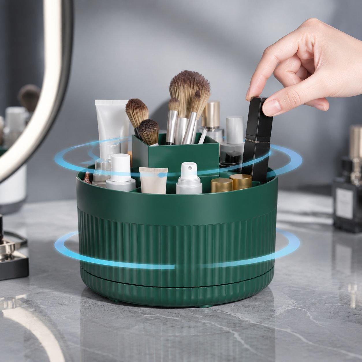 Desktop organizer holding makeup brushes and eye shadow pencils