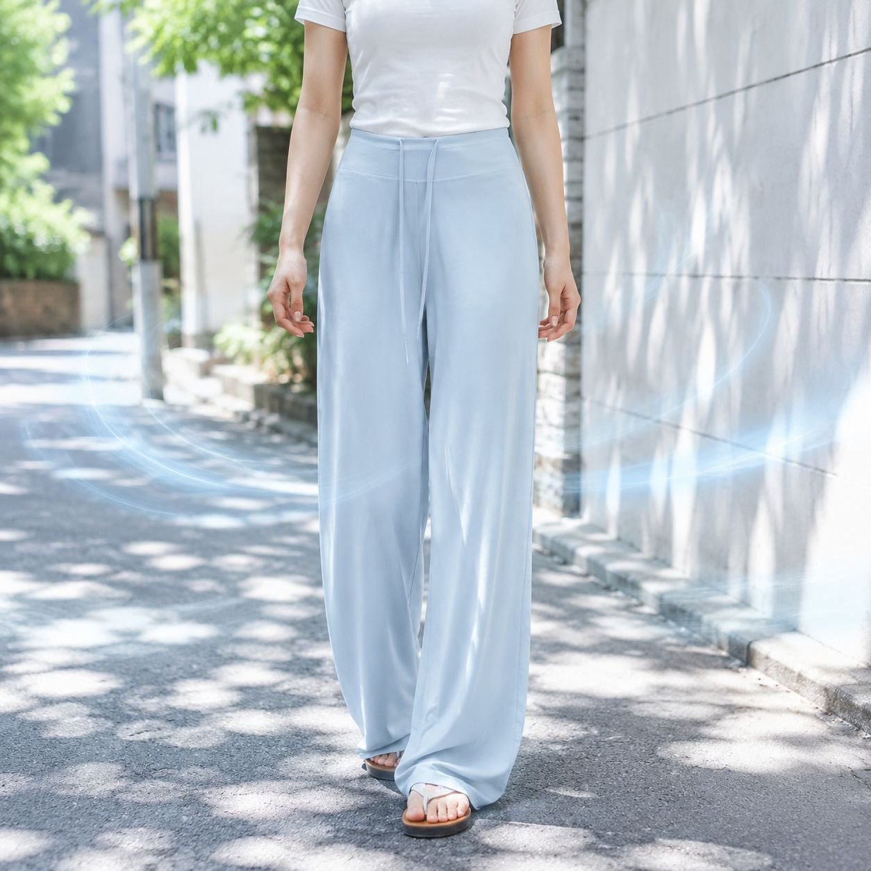 夏向けハイウエストゆったりアイスシルクロングパンツ